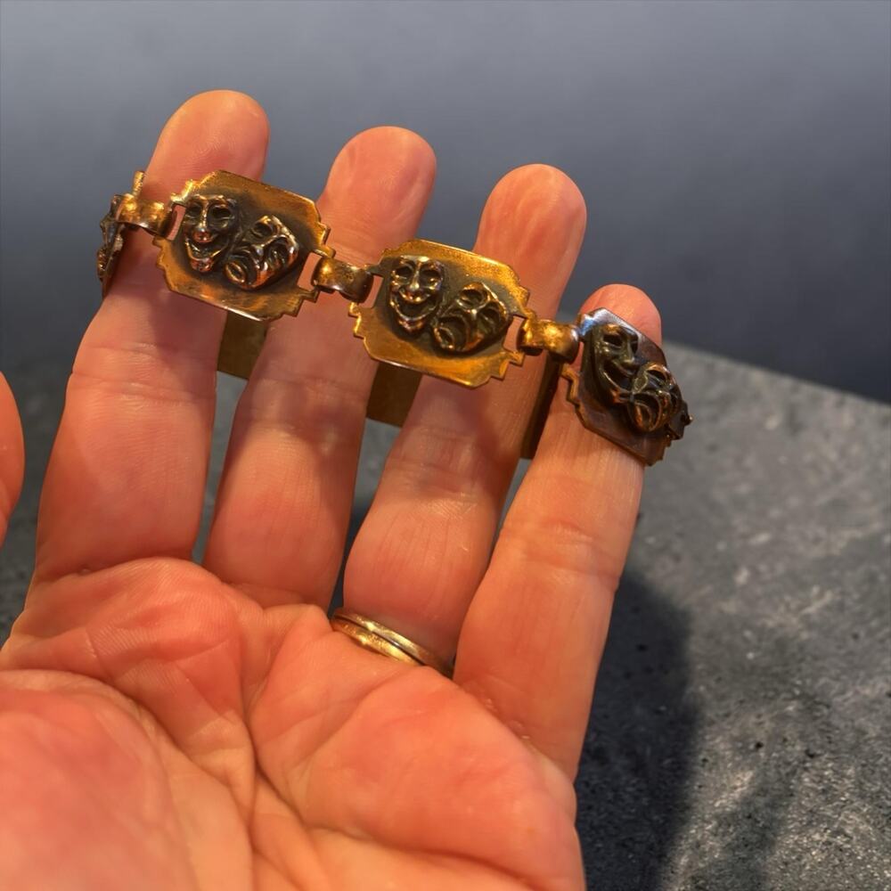 Vintage Comedy Tragedy Mask Bracelet 7” Copper Tone Theater Drama Faces